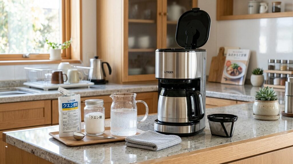 クエン酸と計量スプーン、コーヒーメーカーを使ったメンテナンス用品一式