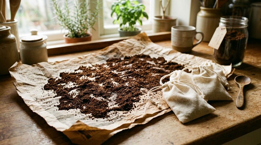 新聞紙の上で乾燥させる使用済みコーヒー粉、エコな再利用準備