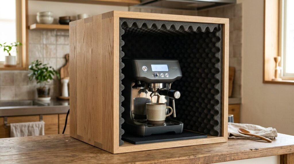 DIY防音ボックス内のコーヒーメーカーと吸音フォーム