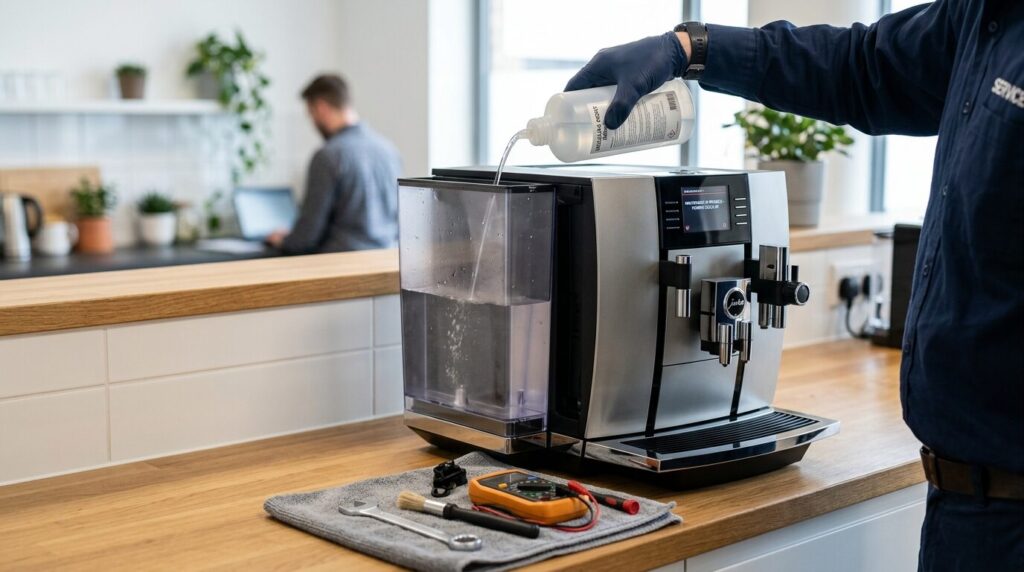全自動エスプレッソマシンの給水タンクに除石灰剤を慎重に入れる手元のクローズアップ。定期的なメンテナンスの重要性を示す専門的画像。