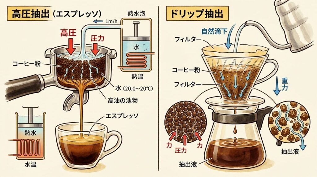 コーヒーの抽出圧力の違いを示す比較イメージ