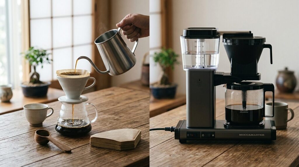 ハンドドリップ器具とコーヒーメーカーのコスト比較、シンプルな道具と高機能マシンの対比
