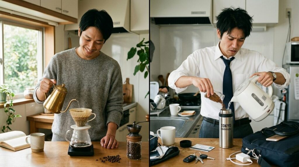 週末のゆったりしたドリップコーヒータイムと平日の急いだインスタントコーヒー準備の対比画像