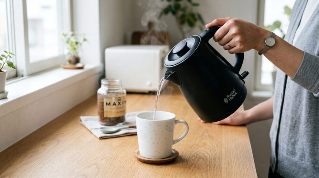 電気ケトルから白いマグカップにお湯を注ぐインスタントコーヒー準備シーン