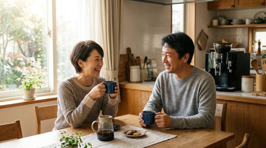 キッチンで揃いのマグカップのコーヒーを楽しみながら笑顔の日本人夫婦と背景の全自動コーヒーメーカーの親しみやすい家庭風景
