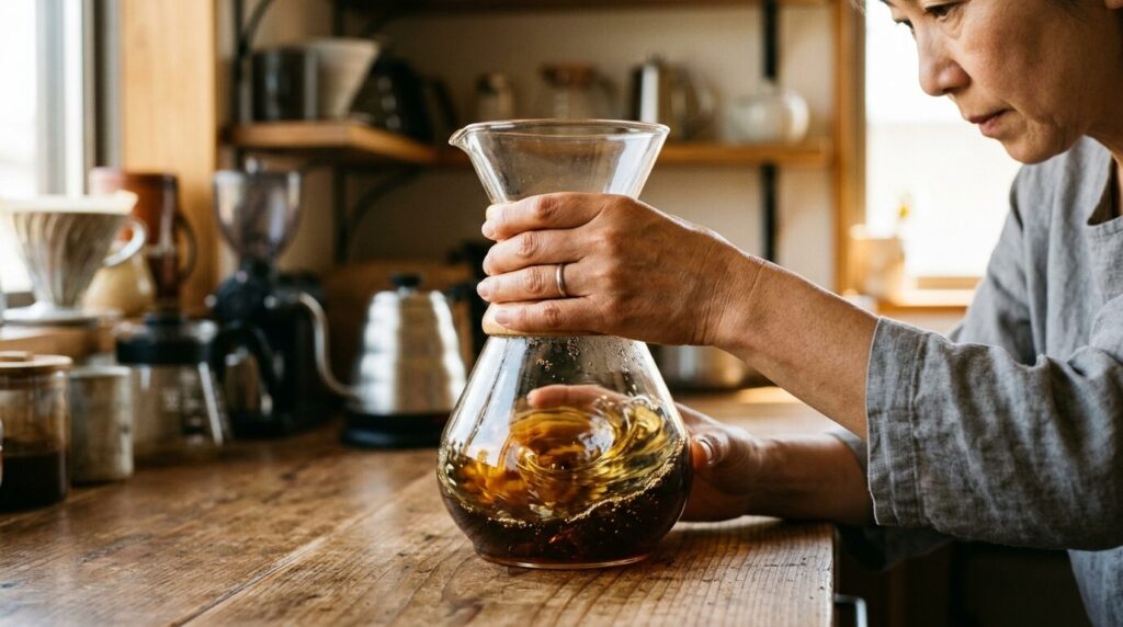 コーヒーサーバーで味を均一にする撹拌作業
