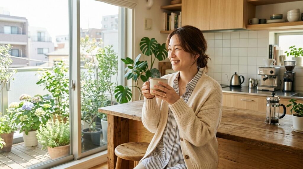 明るいキッチンで淹れたてコーヒーを両手で包み込むように持ち幸せそうに微笑む日本人女性