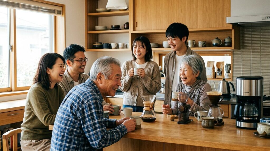 タイガーコーヒーメーカーを囲んで家族団らんのコーヒータイムを楽しむ日本人家族