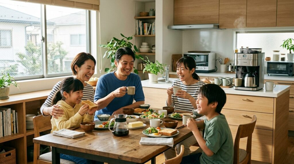 コーヒーメーカーで淹れたコーヒーを家族で楽しむ朝食シーン・日本人家族
