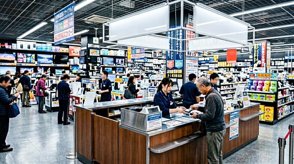 家電量販店の小型家電リサイクル受付カウンター、店内の回収サービス風景