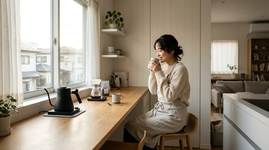 壁から適切な距離を保ったコーヒーメーカーの最適配置例