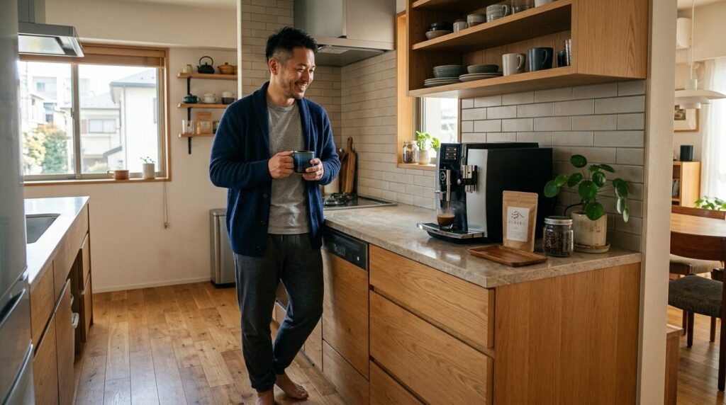 ふるさと納税で手に入れた全自動コーヒーメーカーを満足そうに眺める日本人男性