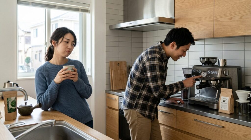 コーヒーの好みが異なる日本人夫婦のキッチンでの葛藤を表現したシーン