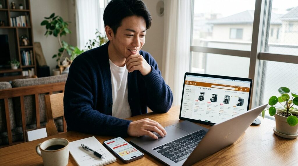 ふるさと納税サイトでコーヒーメーカーを比較検討する様子