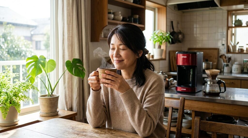 タイガーコーヒーメーカーで淹れた珈琲を両手で包み込み穏やかな朝を楽しむ日本人