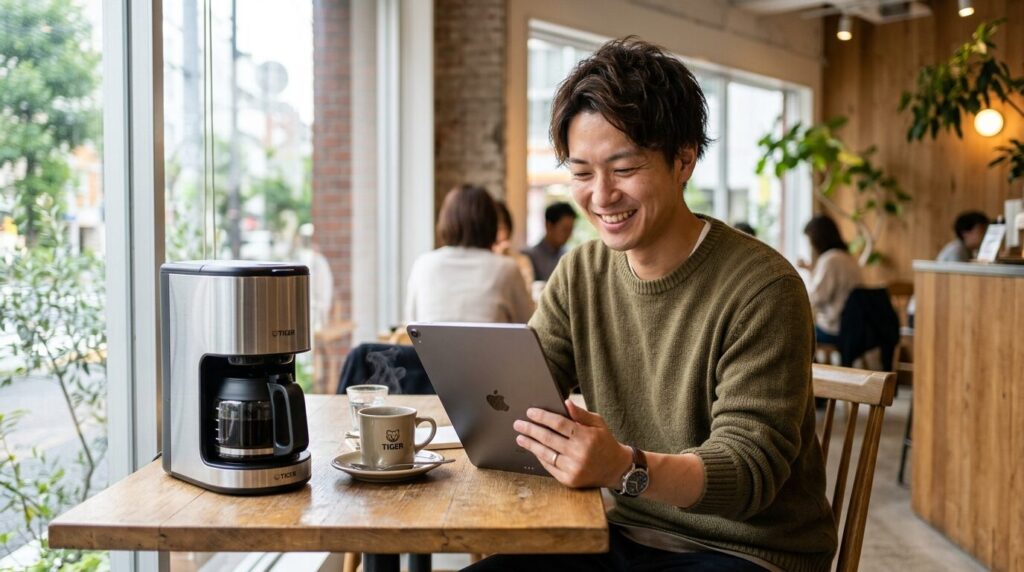 タブレットでタイガーコーヒーメーカーの高評価レビューを確認する満足そうな日本人