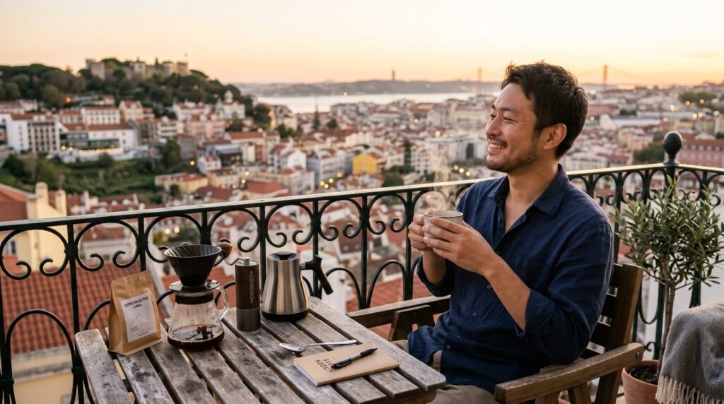 海外旅行先のホテルで理想のコーヒータイムを楽しむ旅行者