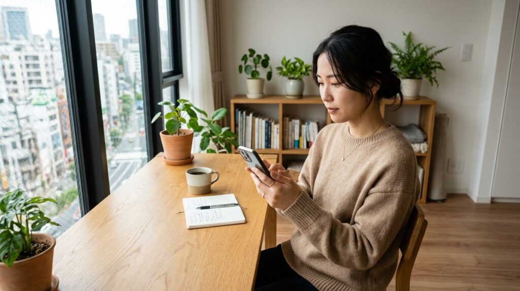 Amazonでコーヒーメーカーのレビューを確認しながらオンラインショッピングをする日本人