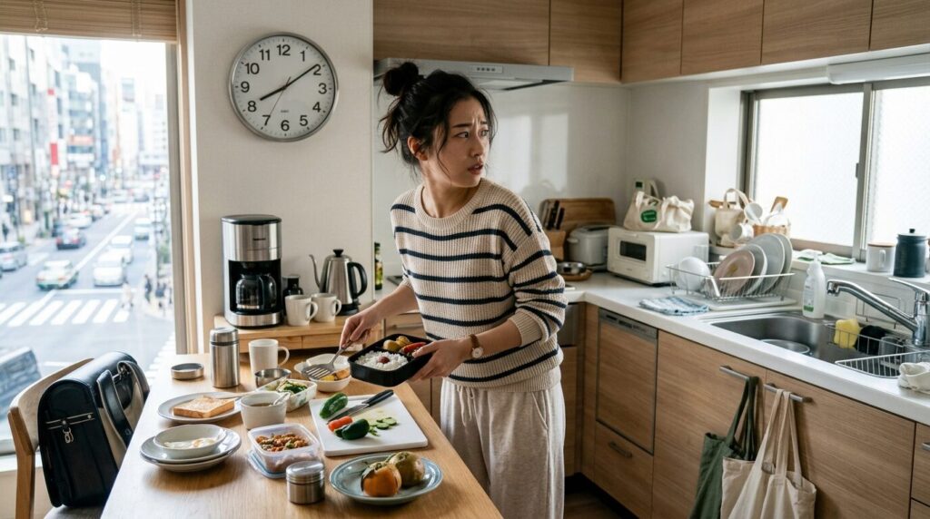 忙しい朝に時計を気にする日本人女性とキッチンの使われていないコーヒーメーカー
