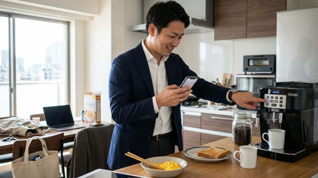 忙しい平日の朝にコーヒーメーカーで時短する日本人ビジネスパーソン、マルチタスクの様子
