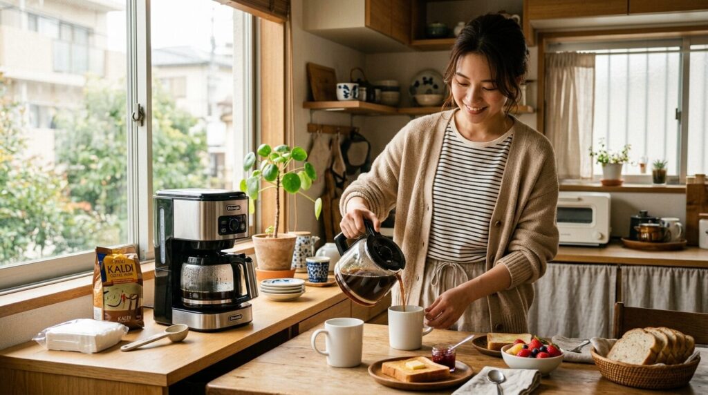 日本の家庭でデロンギドリップコーヒーメーカーを使う朝の生活シーン