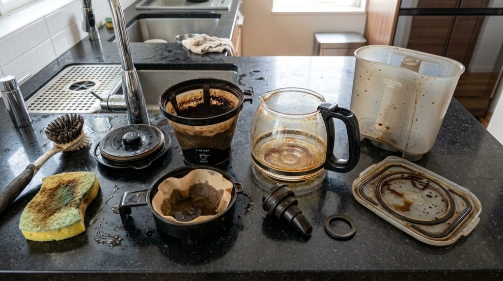 洗浄待ちのコーヒーメーカー部品が並ぶキッチンカウンター・お手入れの負担を示す画像