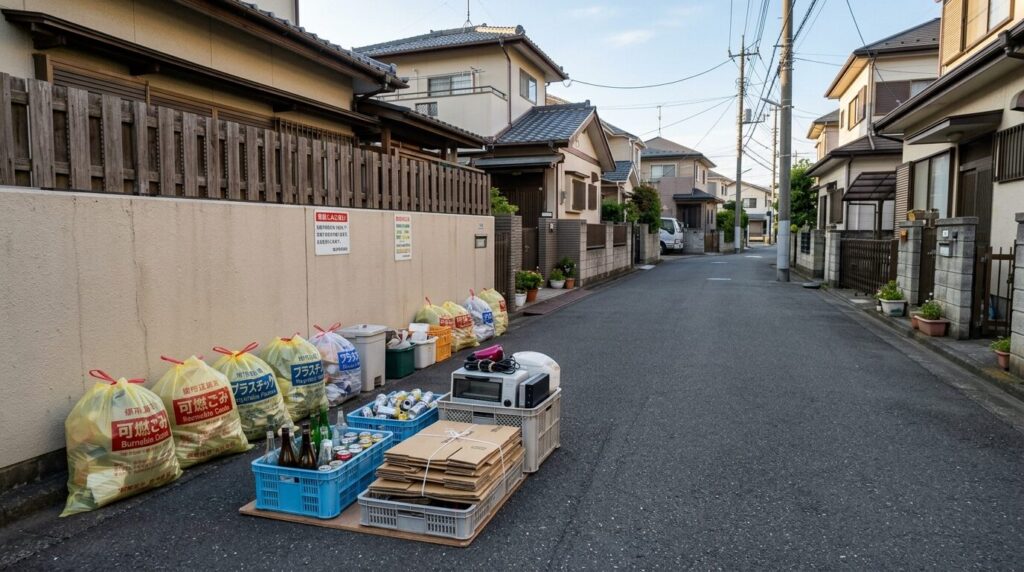 日本の住宅街における粗大ごみ回収日の整理された収集風景