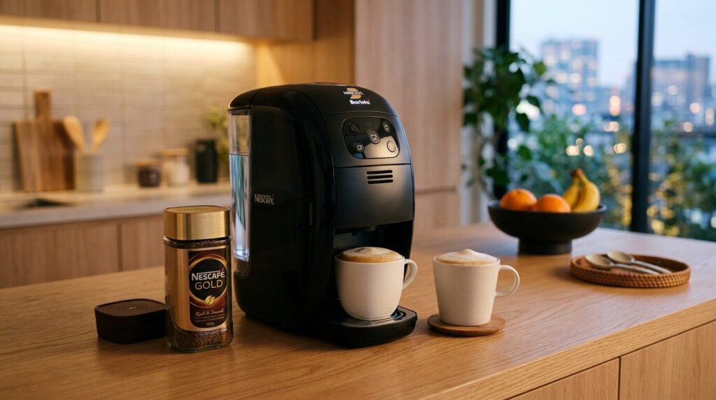 ネスカフェバリスタコーヒーメーカーとクレマ泡付きコーヒーの商品イメージ