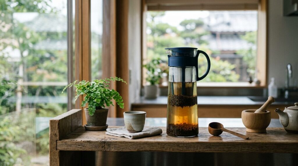 透明なガラス容器で水出しコーヒーを抽出中、コーヒー粉と水の層が見える穏やかな朝の風景