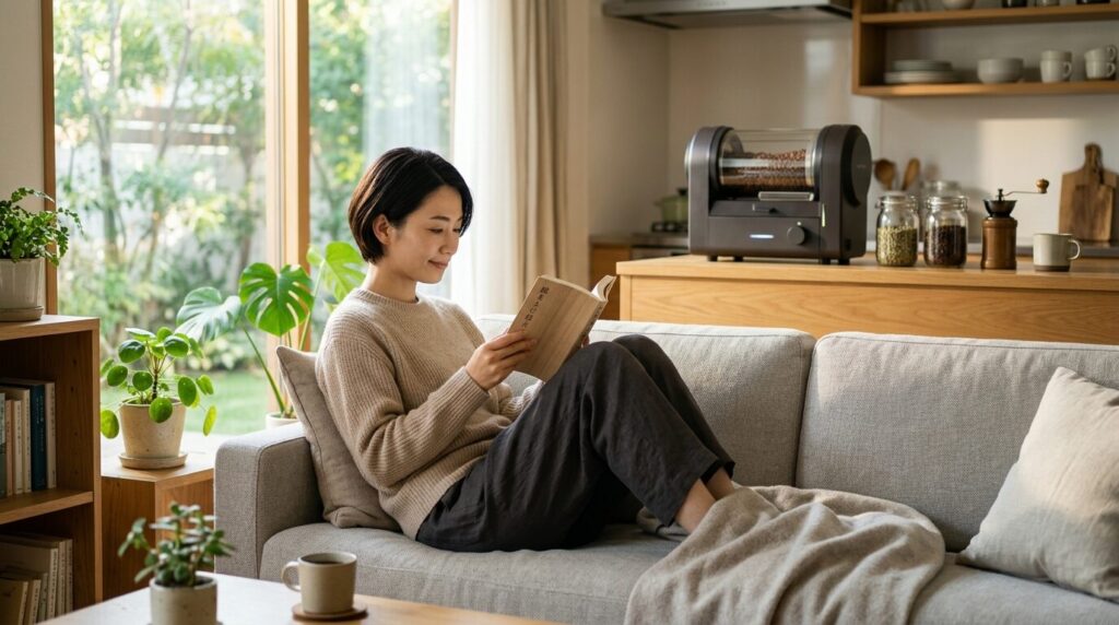 リビングで静かに本を読みながら、背後のキッチンでは自動で焙煎機が稼働している、時間を奪われない自由な暮らしの風景