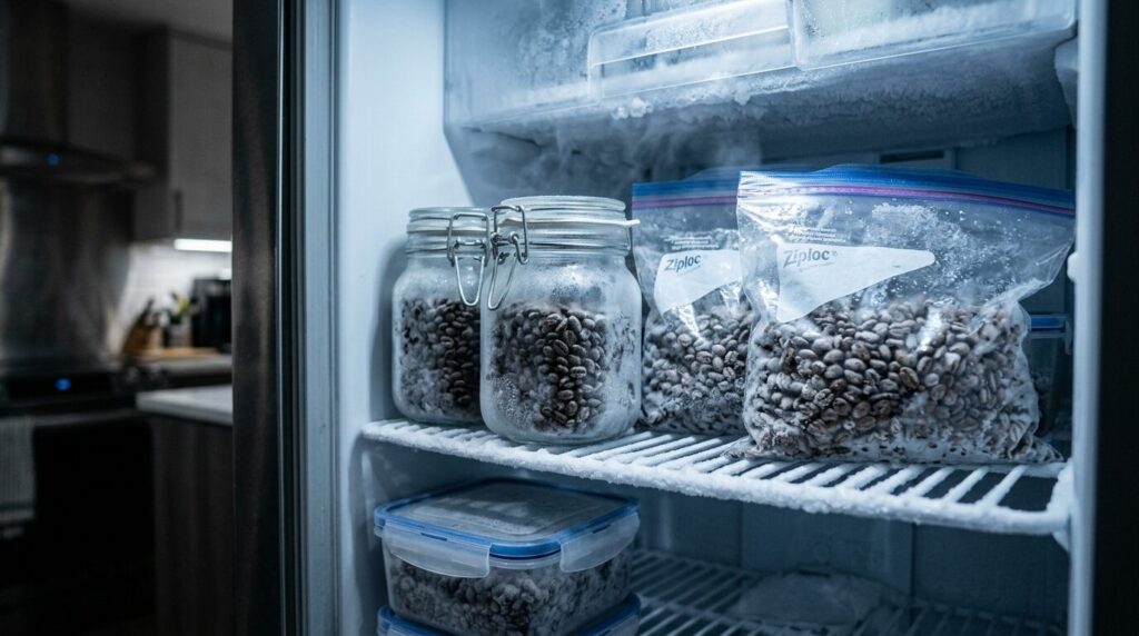 冷凍庫と冷蔵庫内で密閉ガラス瓶と保存バッグに保管される焙煎豆の長期鮮度保存の様子