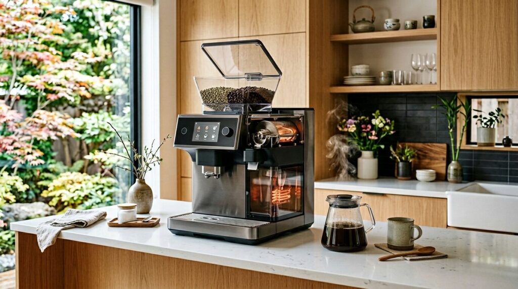 ガラスサーバーに抽出されたコーヒーと、最新の全自動焙煎機能付きコーヒーメーカーが置かれた明るい日本風のキッチンカウンター