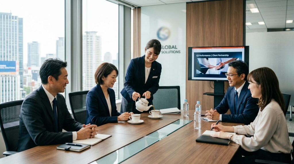 ビジネス商談でクライアントにコーヒーを提供する様子
