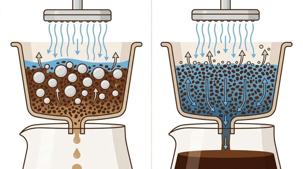 コーヒー抽出における蒸らしの効果を示す比較イラスト