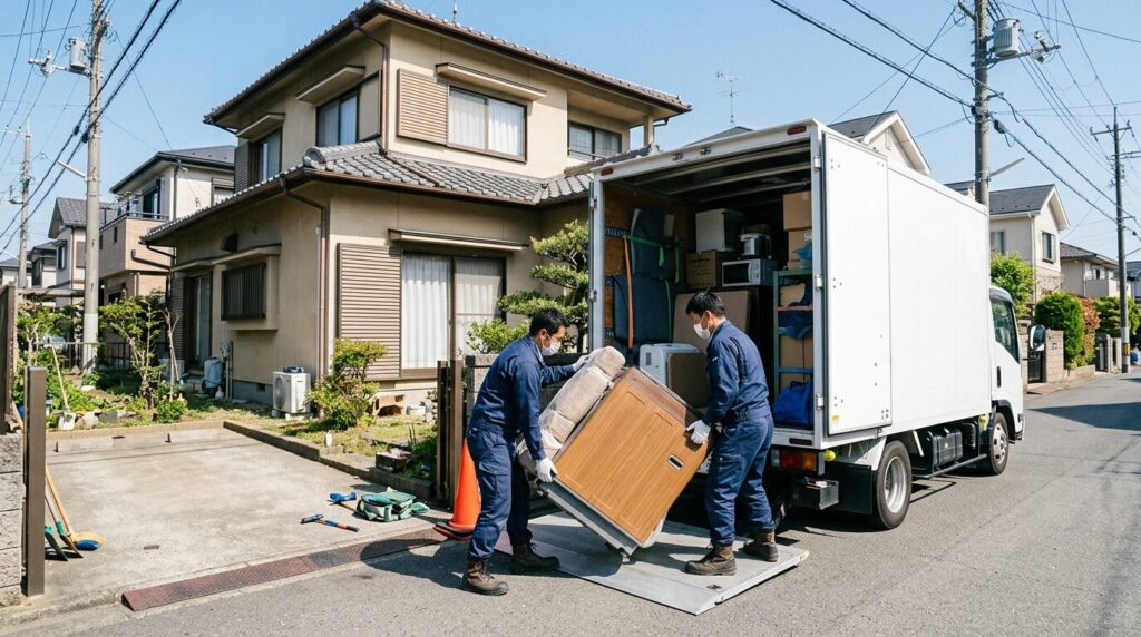 プロの不用品回収業者が家電を丁寧に運搬するサービス風景