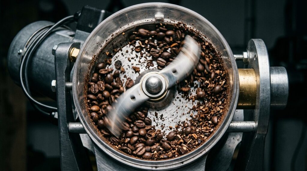 高速回転でコーヒー豆を粉砕するプロペラ式ミルの動作イメージ