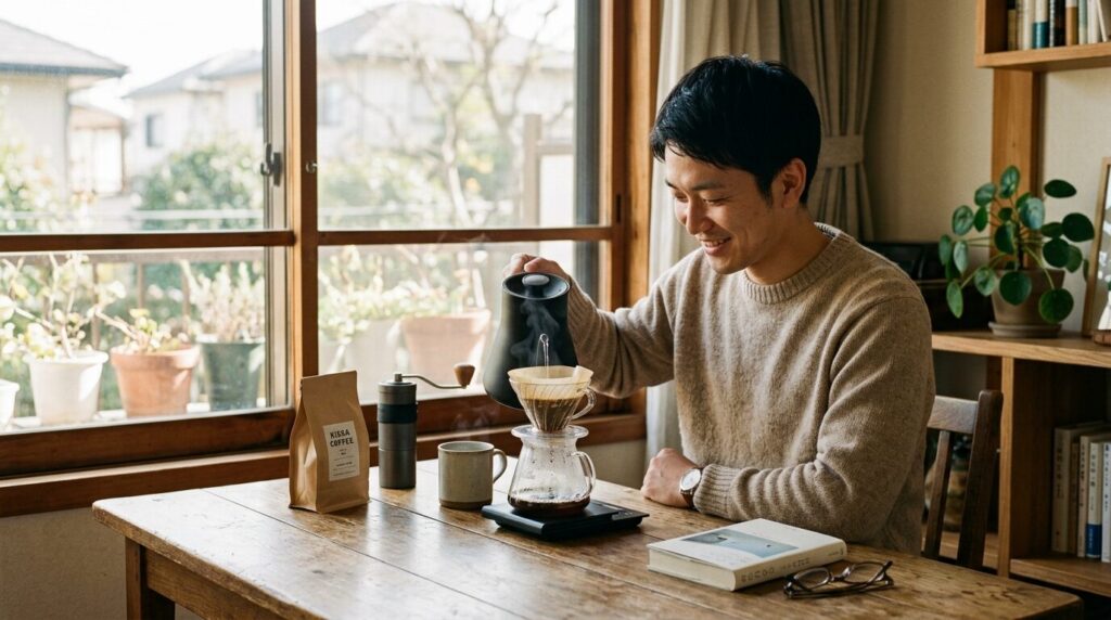 週末の朝にゆったりとハンドドリップを楽しむ日本人、窓際の穏やかな時間
