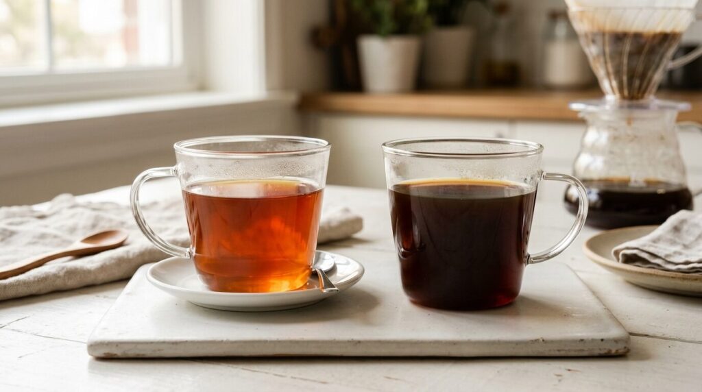 ハンドドリップとコーヒーメーカーで抽出された2杯のコーヒー比較、透明度と色の違い