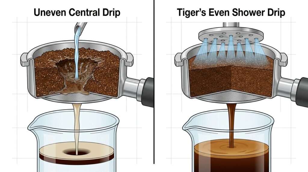 タイガー独自のシャワードリップ技術でコーヒー粉全体に均一にお湯が注がれる様子