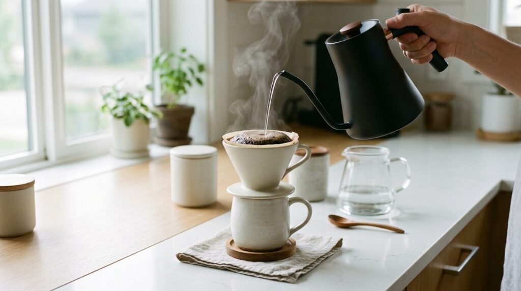 シンプルなハンドドリップでコーヒーを淹れるミニマルなキッチン風景