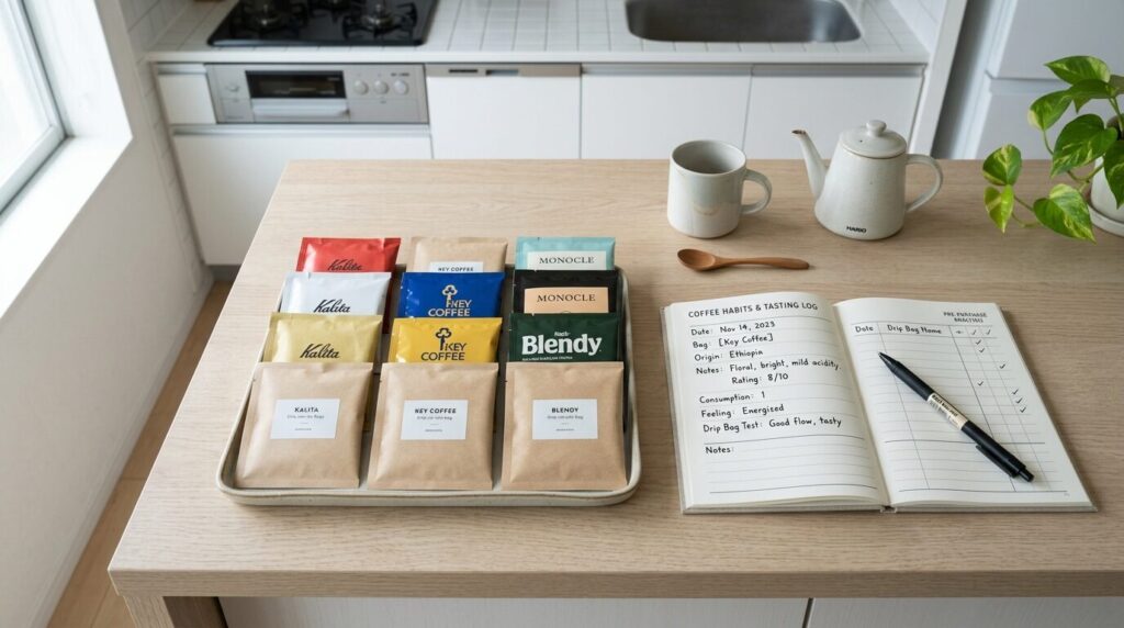 ドリップバッグコーヒーとノートでコーヒー消費量をチェックする様子