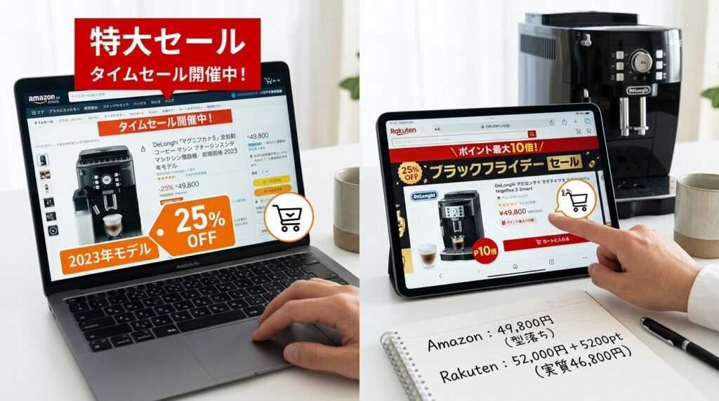 Amazonと楽天でデロンギコーヒーマシンの価格比較とセール情報を検討する購入シーン