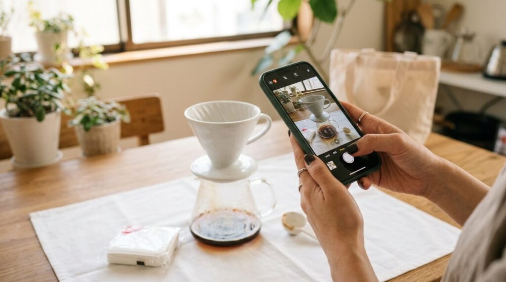 スマートフォンでコーヒーメーカーをフリマアプリに出品する様子、リユース文化