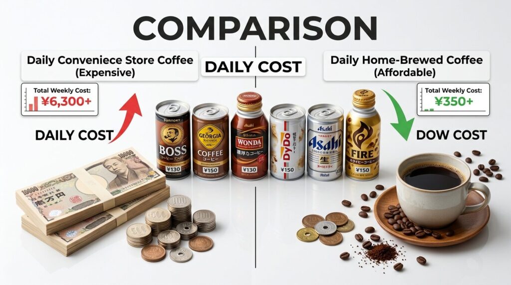 自宅でコーヒーを淹れる場合と外で買う場合のコスト比較イメージ