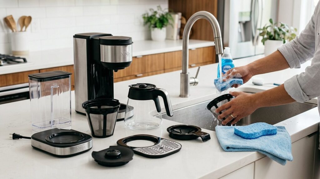 コーヒーメーカーの分解洗浄とお手入れの簡単さを示すイメージ