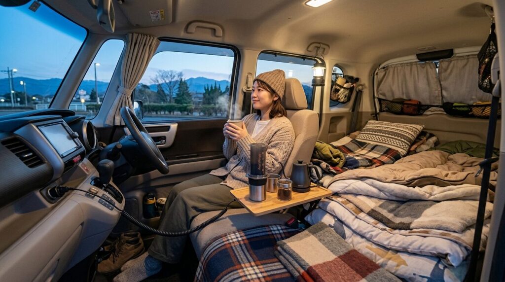 車中泊で快適化した車内で、日本人女性が座席に座って熱いコーヒーを楽しんでいる様子。シガーソケット給電のコーヒーメーカーと後ろには寝袋が見える、車中泊ライフの新しい楽しみ方を提案する画像
