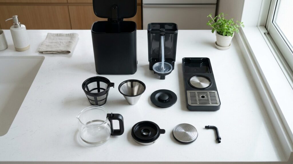 白いカウンターに整然と並べられたコーヒーメーカーの分解パーツ一式