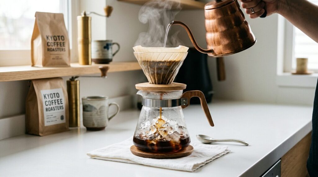 熱いコーヒーが氷に直接ドリップされる瞬間、蒸気が立ち上る急冷式アイスコーヒーの抽出シーン