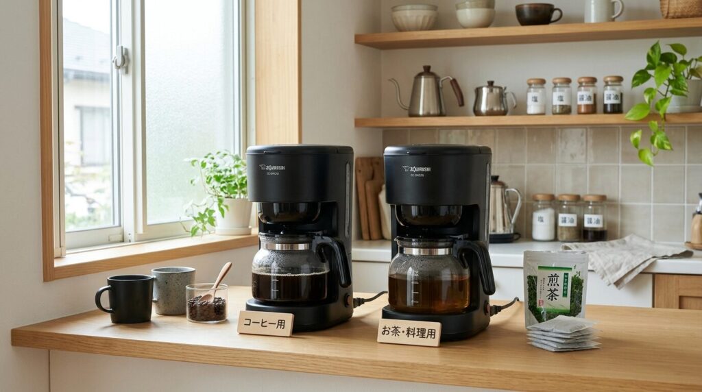 コーヒー用とお茶・料理用に分けられた2台のドリップ式コーヒーメーカー