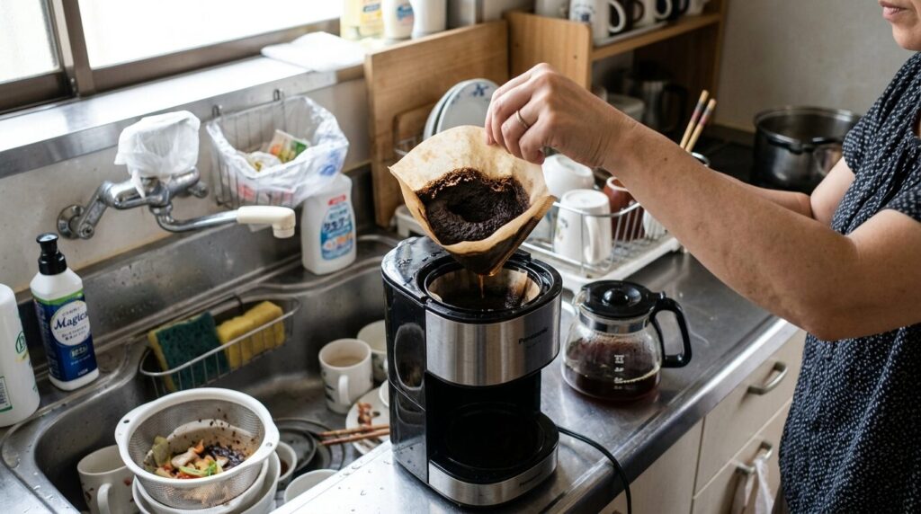 使用済みコーヒーフィルターとコーヒーかすの後片付けシーン
